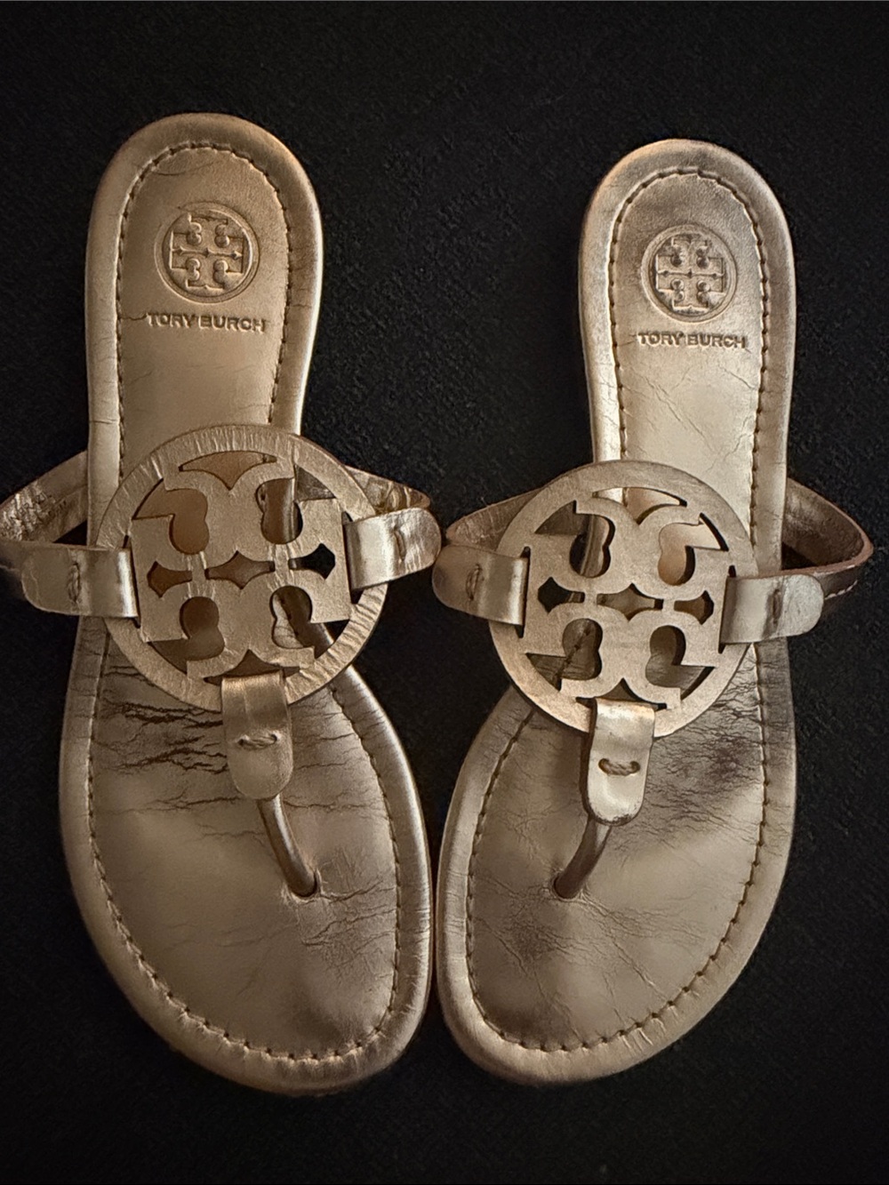 Tory Burch Metallic Rose Gold Miller Logo Thong Sandals